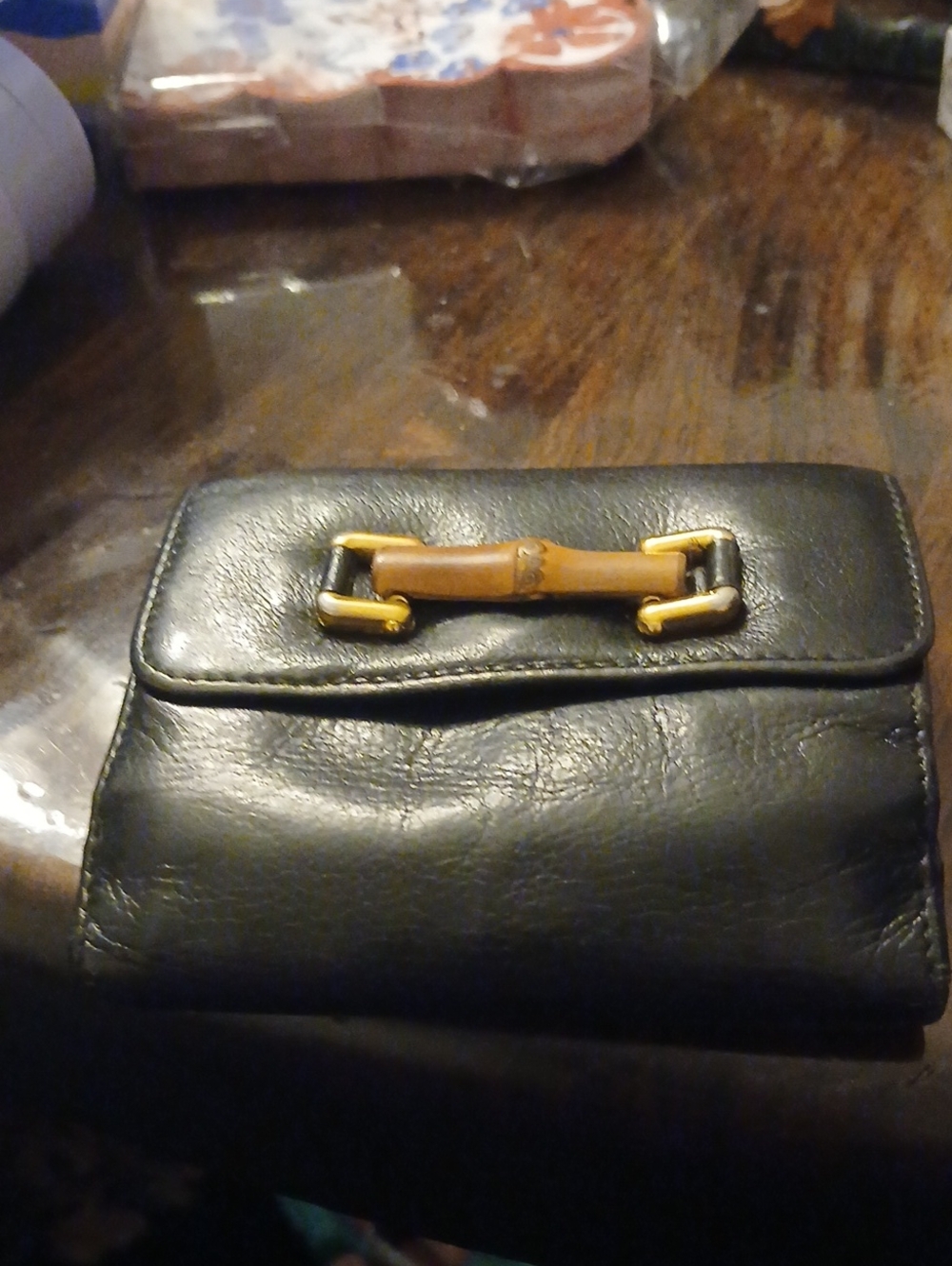 Gucci Classic Black Leather Women's Wallet with Bamboo Accent Vintage
